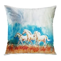 Plavi slikarski akvarelni portret od tri bijela konja koji prolaze kroz polje pod kišnim šarenim jastukom