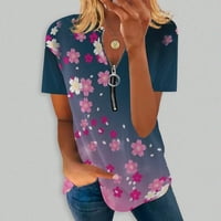 USMIXI Womens Ljetni vrhovi kratki rukav V-izrez suncokret za ispis T košulje modni patentni zatvarač