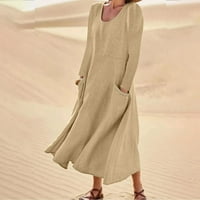 Giligiliso Sundresses za žene, ženska modna duga rukavica pune boje pamučna posteljina okrugla džepna