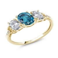 Gem Stone King 10k Žuto zlato 3-kamen dijamantski zaručni prsten 2. CT Oval London Blue Topaz White