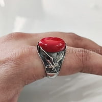 CORAL MANS prsten, prirodni crveni koraljni prsten, orlov unise prsten, srebrni nakit, srebrni prsten,