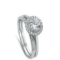 Bijeli CZ okrugli pasijans halo vjenčani prsten. Sterling Silver Band nakit ženska veličina 9