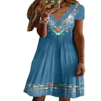 Haljine za žene bez rukava cvjetno odijelo Srednja duljina sunčana haljina okrugla izrez plavi s
