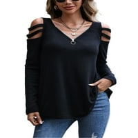 Ženske vrhove gumb-down Ležerne prilike dugih rukava majice s rukavima V-izrez ljeto crna s