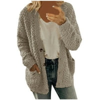 Kaput za žensku modnu leopard print fleece rever gumb s kratki džepni kaput jakna bež m