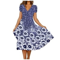 Ženska V-izrez A-line haljina kratkih rukava cvjetna ležerna ljeta Srednja dužina Žene haljine plavi