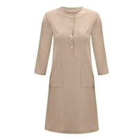 Haljine za žene V-izrez Solid A-line Dužina koljena Ležerne haljina s dugim rukavima Khaki 2xl