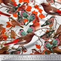 Soimoi Yellow Rayon Crepe lišće tkanine, vrabac i američki robin ptica otisnuta plovska tkanina od dvorišta