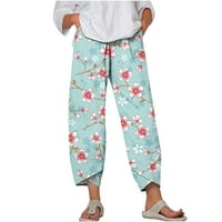 EdVintorg Ženske pamučne posteljine harem hlače Ljetni cvijet od tiskanih casual labavih džepnih pantalona