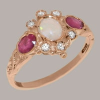 Britanska napravljena 14k Rose Gold Prirodni Opal Ruby kubični cirkonijski Ženski prsten - Veličina