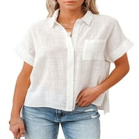 LUENCEO ženske majice kratki rukav bluza s majicom niz vrhove udobne tucijske majice rever vrat bijeli