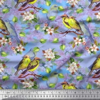 Soimoi Blue Poliester Crepe lišće tkanine, breskva cvjetna i američka Robin ptica otisak šivaći tkaninu