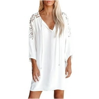 Udobna ženska haljina - modni preklop V-izrez dugih rukava čipka na rame Maxi haljina bijela s