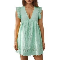 Gotyoou ženski izrez ruffle džepni rezervoar Top Hakama Summer Solid V izrez Mini haljina mint zelena