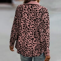 Ženski leopard Print Solid Color Dugme Jakna Prevelika dugmeta dugih rukava Ležerna jakna kaput ružičasta