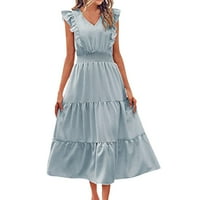 Ženska haljina s dugim rukavima V izrez ruffle pleted dame odjeća proljeće ljeto odmor modna casual
