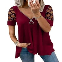 Cilcicy Women Solidni kratki rukav vrhovi Rhinestone seksi bluza sa zatvaračem V-izrez pamučne majice