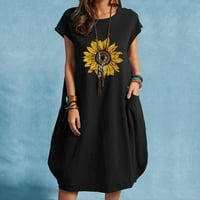 Lady Sunflowers ispisano haljina s kratkim rukavima za žene ljetne okrugle haljine sa džepom pamučne