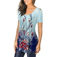 Odeerbi Trendy cvjetni bluze za žene kratki rukav okrugli vrat majice na vrhu svijetloplave boje