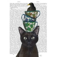 FAB Funky Black Moderni uokvireni muzej Art Print pod nazivom - Crna mačka sa čašicama i crnombirdom