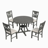 5-komadni stolni stol sa okruglim trpezarijskim stolom i stolicama tkanine Grey