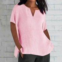 Žene posteljine kratkih rukava Lagane casual ljeto V izrez Plus veličine T-majice Labavi fit obiine