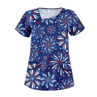 Tkinga modna nezavisnost Dan žene plus size Plus piling TOP V-izrez kratkih rukava s tiskanim džepovima Radna bluza za žene Royal Blue 2xl