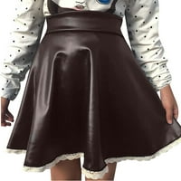Xiuh Ženske pune boje PU kožna mini suknja Visoko struk Naslijeđena suknja Elastična struka čipka u
