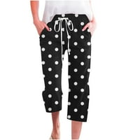 Ženske pamučne posteljine Capri hlače Trendi ispis elastične struke nacrtaju ravno-nogu casual labavo