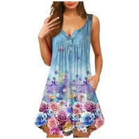 Ljetne haljine za žene casual vintage cvjetni print gumb dole V izrez bez rukava midi haljina s džepovima