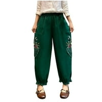 Ženske pamučne pamučne pantalone Džepni vintage cvjetni elastični struk pantalone za vezanje Ležerne