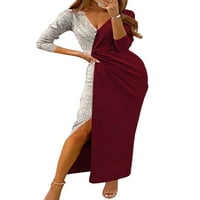 Grianlook Žene Ležerne prilike V izrez Dress Sequin Wrap Maxi Haljine Elegantna haljina s dugim rukavima