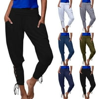 Žene Yoga Sportwear čipka za zavoj čvrste povremene elastične hlače za hlače za hlače ženske ležerne