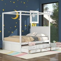 Livspace Queen Veličina Nadstrešnica platforma krevet s dvostrukim klipom i tri ladice za pohranu, bijela