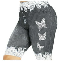 Hlače za žene Ženske plus veličine mršave leptir Print casual getgings Fau traper jean šorcs siva +