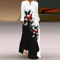 Ballsfhk Ženska moda Ležerne prilike V-izrez Bohemian Style Ispiši džepne haljine dugih rukava Ljetne haljine za žene