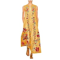 Žene plus veličine Vintage Dnevno casual bez rukava od tiskanog cvjetnog V izrez Maxi haljina žuta l