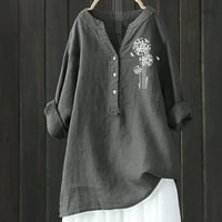 Ženska modna štampa ležerna majica dugih rukava s dugim rukavima V-vrat pamuk i posteljina bluza