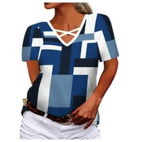 Vrhovi za žene V-izrez križa izdubljene labave modne nepravilne geometrijske tiske udobne majice s kratkim
