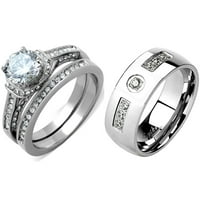 Njegova njegova nehrđajuća čelika Žene okrugli CZ Zaručni prsten set muški CZ Vjenčana traka veličine